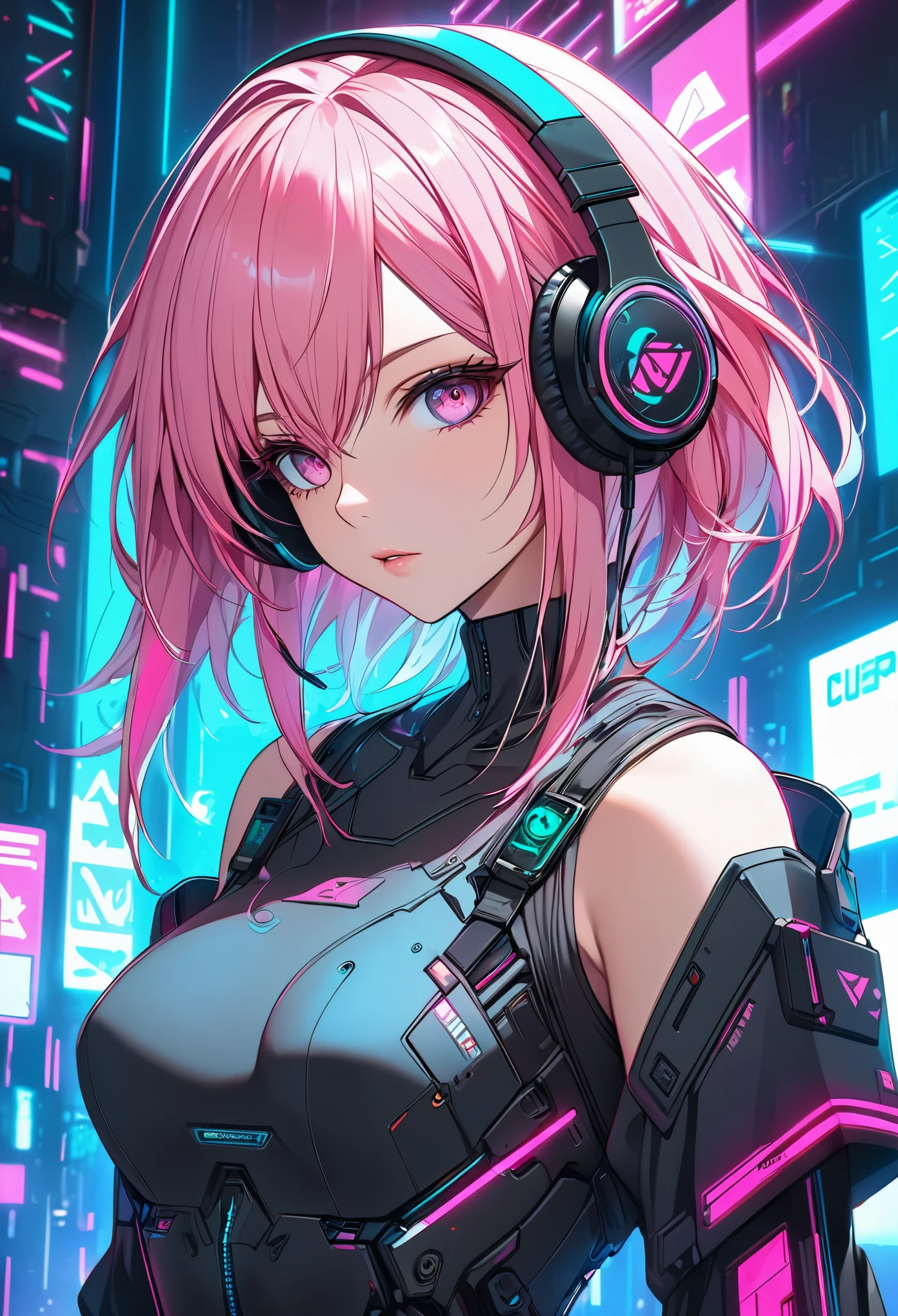 anime girl with pink hair and headphones in front of a neon background, cyberpunk anime girl, best anime 4k konachan wallpaper, digital cyberpunk anime art, anime cyberpunk art, digital cyberpunk - anime art, female cyberpunk anime girl, cyberpunk anime girl mech, anime style 4 k, perfect android girl, cyberpunk anime art, modern cyberpunk anime, anime cyberpunk, nightcore