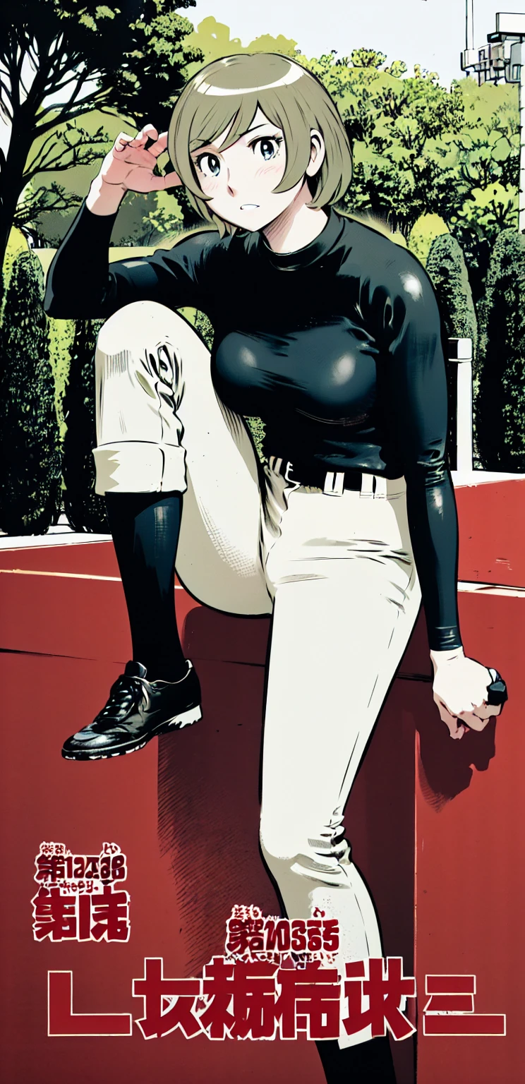 (野球uniform:1.2),
Blonde Hair, (short hair:1.2),Long sleeve, Black Shirt, turtleneck,White trousers、uniform、Black Belt、((Illustration of a person))
View Viewer,, (highest quality:1.3),One girl, White pants、uniform、Outdoor、baseball Ground、Ground、soil、blue eyes、Tight black shirt、(masterpiece、highest quality)、highest quality, Ultra-high resolution, (((masterpiece))), alone, Sweat、Big eyes、Big Boobs、One Girl, Front view、Embarrassed face、Bronze colored hair、((short hair))、Stand up straight