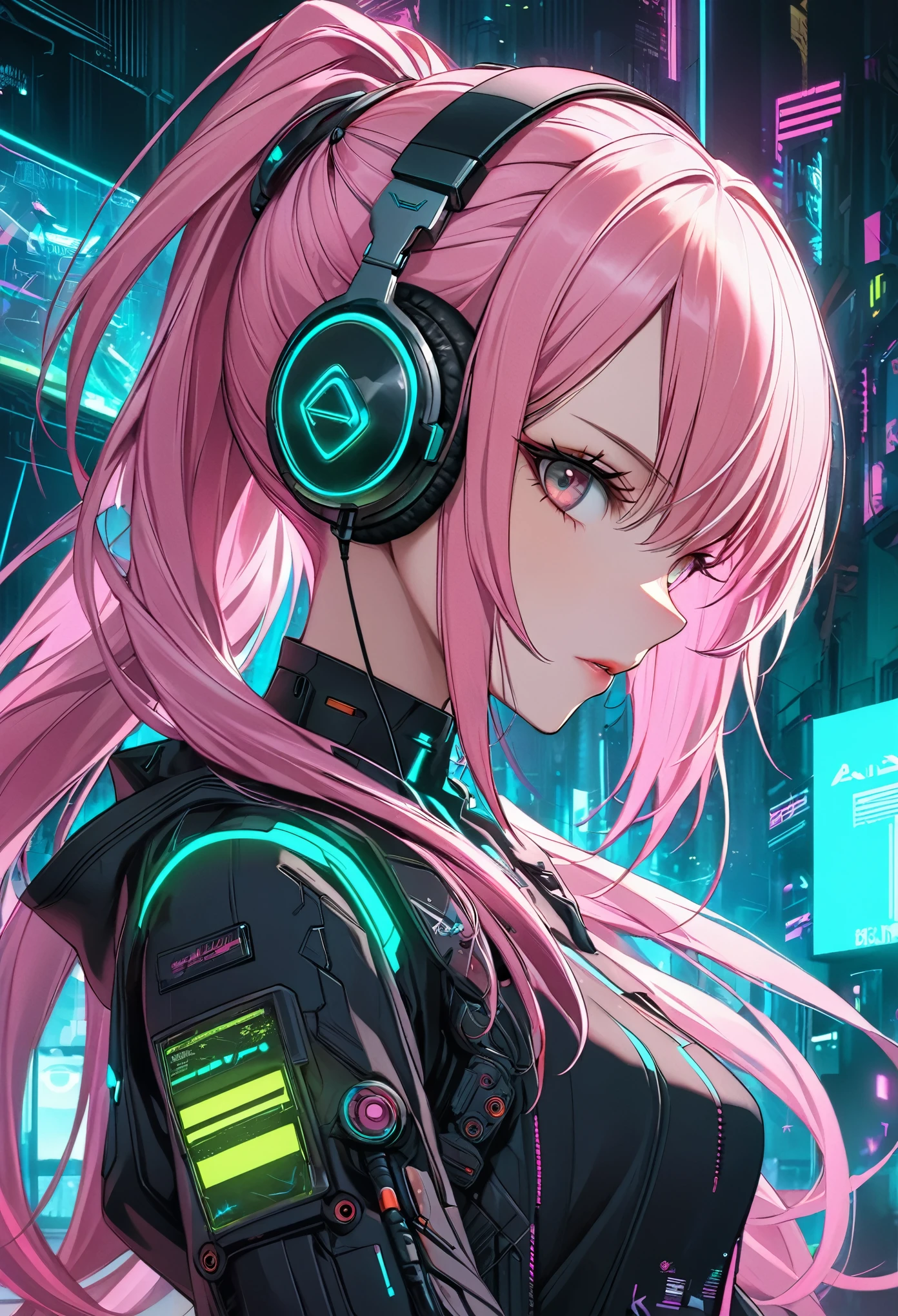 anime girl with pink hair and headphones in front of a neon background, cyberpunk anime girl, best anime 4k konachan wallpaper, digital cyberpunk anime art, anime cyberpunk art, digital cyberpunk - anime art, female cyberpunk anime girl, cyberpunk anime girl mech, anime style 4 k, perfect android girl, cyberpunk anime art, modern cyberpunk anime, anime cyberpunk, nightcore