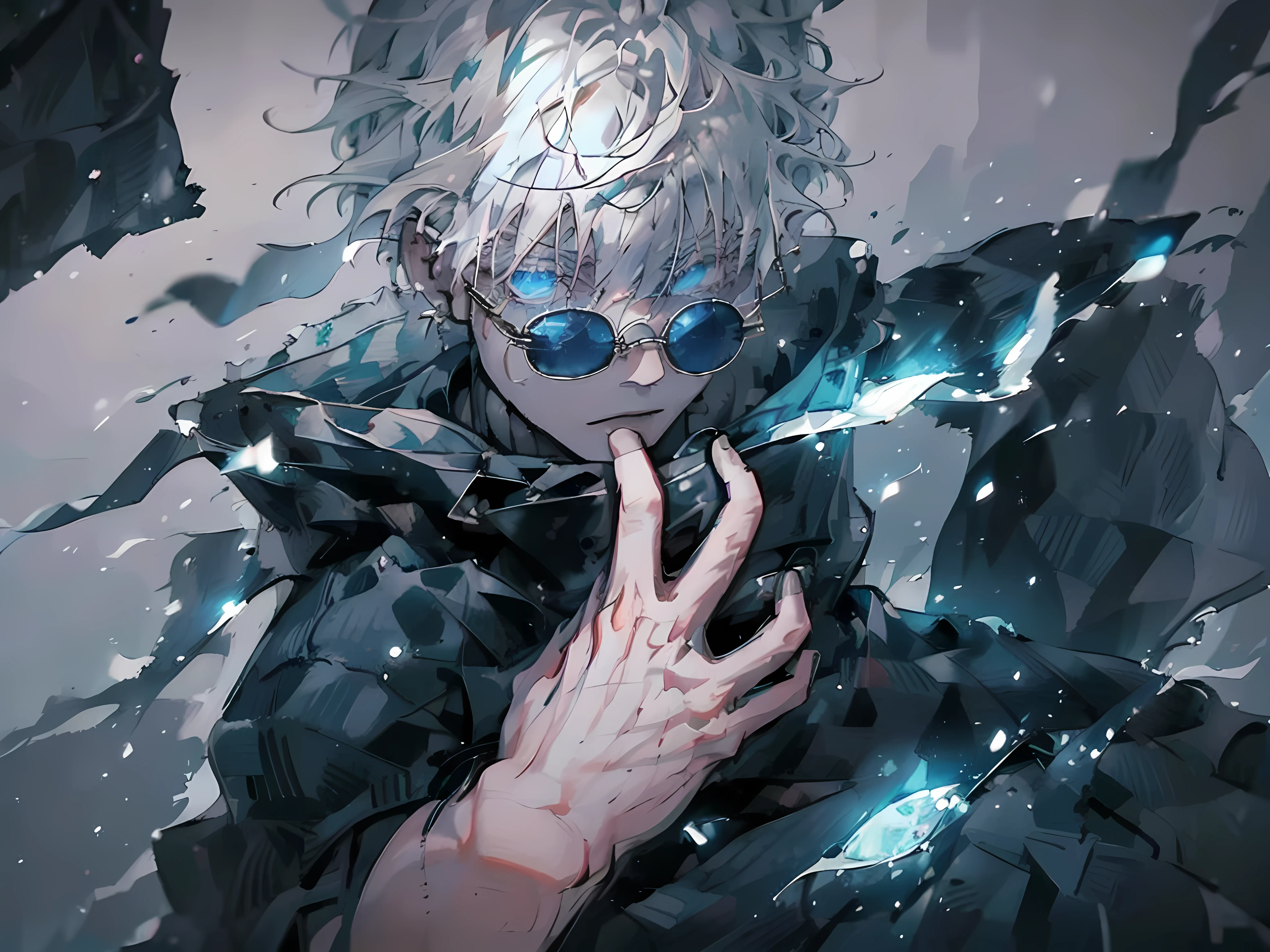 1 boy,rim light,looking_at_screen,masterpiece,best quality,solo,Gojo Satoru,highest detailed.sunglasses,Glowing eyes,white hair, seeing through glasses, filled with attitude, navy blue costume
