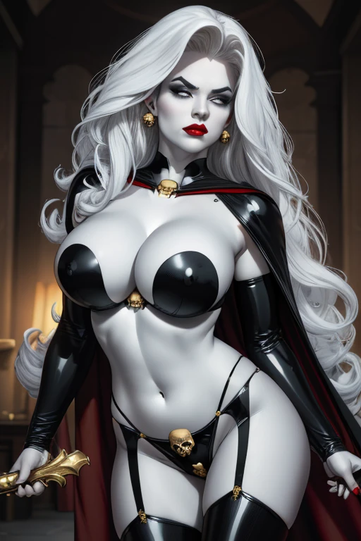 foreshortening,  CARTOON_lady_death_bikini_ownwaifu,.ownwaifu.com, angry, 
mascara, blank_eyes,long hair,breasts,white hair,makeup,colored skin,navel,lipstick,large breasts,wavy hair,white skin,lips,curly hair,red lips,very long hair,toned, narrow_waist, curvy,pale skin, thick_eyelashes, thick eyebrows, big hair, 
thighhighs,cape,cleavage,jewelry,earrings,garter straps,garter belt,gloves,piercing,red cape,blood,elbow gloves,armor,black legwear,collar,thong,black bikini,skull earrings, highleg, 
 official art,extremely detailed CG unity 8k wallpaper, perfect lighting,Colorful, Bright_Front_face_Lighting,shiny skin, (masterpiece:1.0),(best_quality:1.0), ultra high res,4K,ultra-detailed, photography, 8K, HDR, highres, (absurdres:1.2), Kodak portra 400, film grain, blurry background, (bokeh:1.2), lens flare, (vibrant_color:1.2),professional photograph, (beautiful_face:1.5),