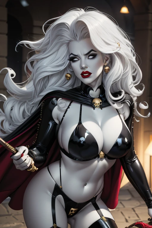 foreshortening,  CARTOON_lady_death_bikini_ownwaifu,.ownwaifu.com, angry, 
mascara, blank_eyes,long hair,breasts,white hair,makeup,colored skin,navel,lipstick,large breasts,wavy hair,white skin,lips,curly hair,red lips,very long hair,toned, narrow_waist, curvy,pale skin, thick_eyelashes, thick eyebrows, big hair, 
thighhighs,cape,cleavage,jewelry,earrings,garter straps,garter belt,gloves,piercing,red cape,blood,elbow gloves,armor,black legwear,collar,thong,black bikini,skull earrings, highleg, 
 official art,extremely detailed CG unity 8k wallpaper, perfect lighting,Colorful, Bright_Front_face_Lighting,shiny skin, (masterpiece:1.0),(best_quality:1.0), ultra high res,4K,ultra-detailed, photography, 8K, HDR, highres, (absurdres:1.2), Kodak portra 400, film grain, blurry background, (bokeh:1.2), lens flare, (vibrant_color:1.2),professional photograph, (beautiful_face:1.5),