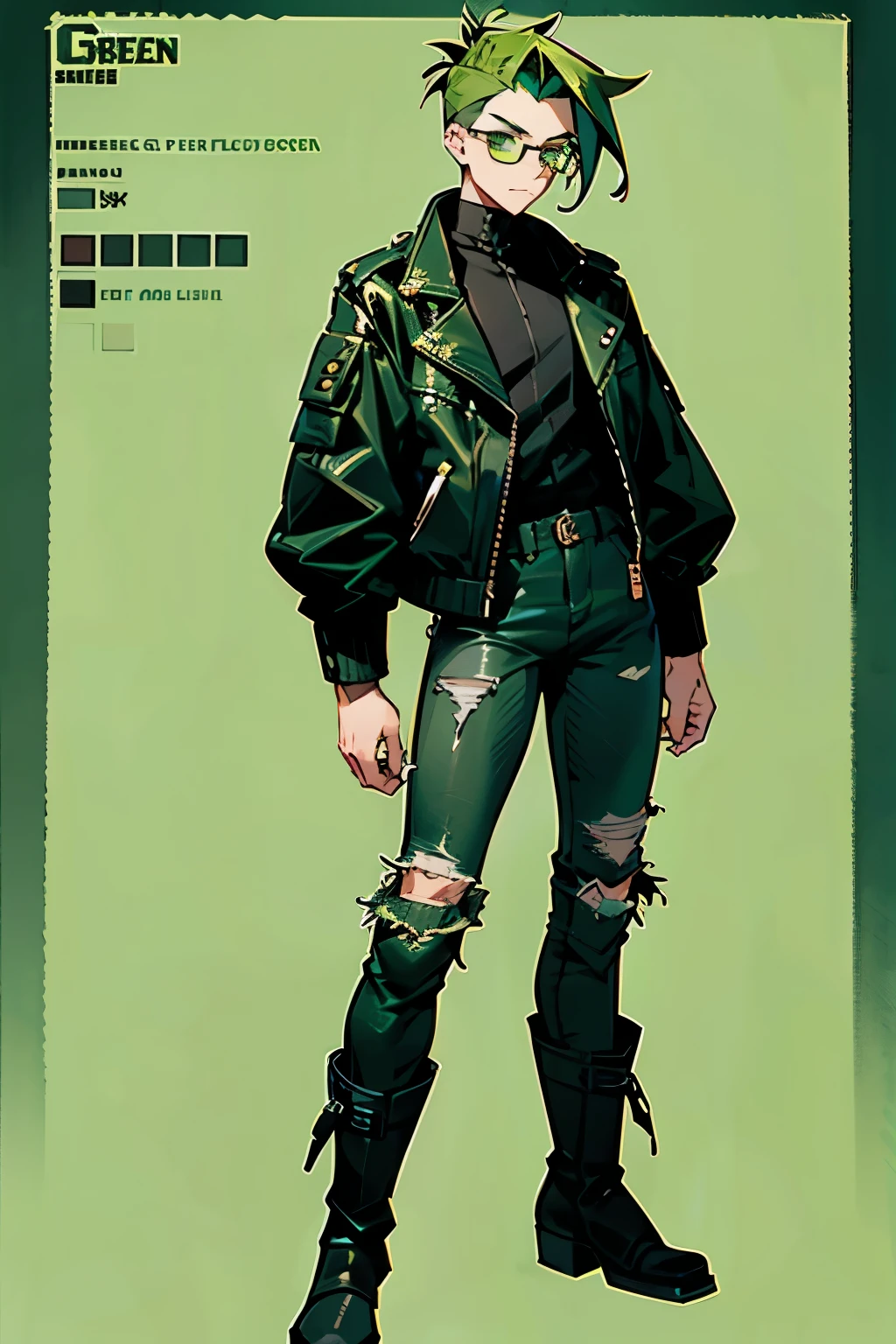 A reference sheet of a guy with grass green hair and green eyes, undercut, in green round glasses, black open jacket, in heavy boots and wide black ripped jeans, alt black outfit.