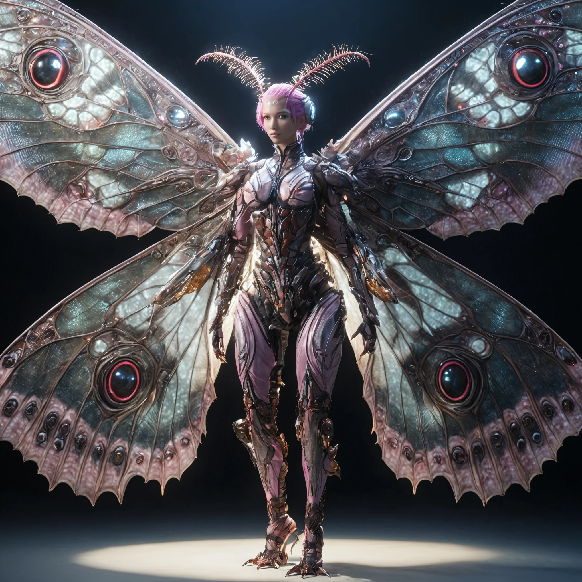 (top-quality:1.2, masterpiece), ultra high res,(Photorealsitic:1.4), (cockroach-like bio insect suit:1.3), heavy weapons,large wings, vivid textures,insect legs, pink  hair, glowy skin, japanese girl beautiful face,  ((super realistic intricate details)), full body shot, globalillumination, octan render, ultrasharp, character edge light, Details of complex ornaments, Acrylic Clear Cover, Hydraulic cylinder