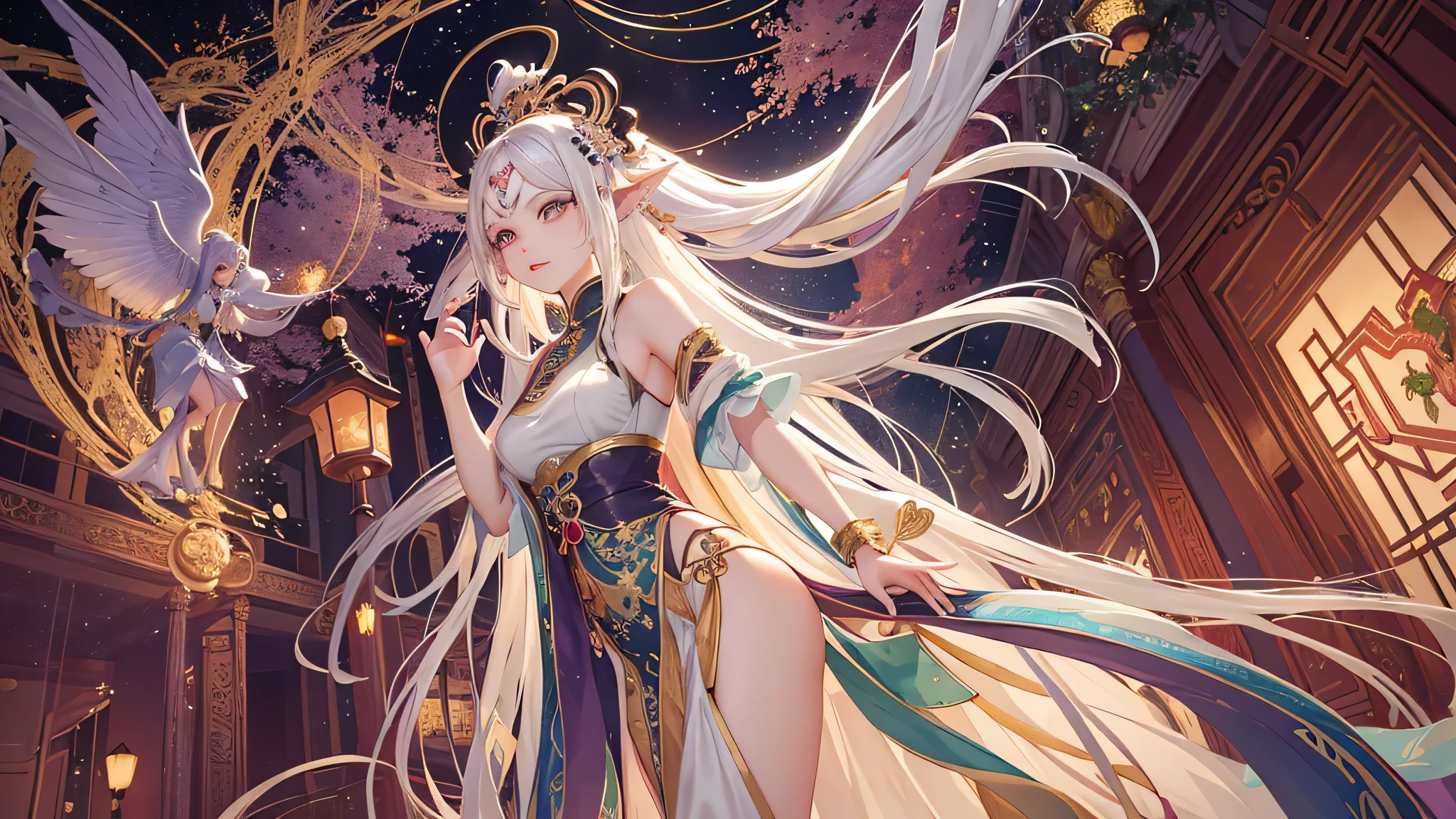 From the realm of exquisite, Extraordinarily Detailed, High Definition digital masterpieces, a singular entity captivates the fascinated observer, lost in the alluring (Fantasy, Ethereal Enchantment: 1.5) spectrum. At the heart of the captivating tableau is a strikingly beautiful, demure-smiling girl adorned in a traditional Chinese cheongsam, depicting a harmonious fusion of vibrant colors and intricate patterns. Her long, flowing, platinum hair cascades down her back, mirroring the ethereal elegance of a celestial being.

What distinguishes her uniquely, though, are