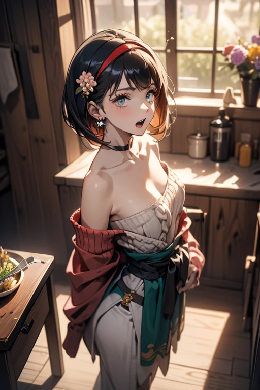 (small breasts:1.3), (perky chest:1.1), (pointed chest:1.0), (flowers magazine cover:1.3)，(from above:1.2),(from side:0.9),masterpiece, a 18yo girl, Amazing Cleavage:1.1, thin waist, big ass, Raised sexy, small breast: 1.3, posed cleavage:1.2, open mouth, have a cute grass of cute beergrass,black hair, dark green eyes, dress, bare shoulders, jewelry, collarbone, sidelocks, hairband, earrings, indoors, off shoulder sweater:1.1, arms behind back, plant, short hair with long locks, gild hairband, off-shoulder dress, sweater dress, off-shoulder sweater, red sweater, dark gord hair, big side hair, very long side hair,is rendered in (masterpiece: 1.2, best quality), with (ultra high resolution) and an exquisite (depth of field). This masterpiece is not only visually stunning but also tells,A scene of cooking in the kitchen by classroom,looking at viewer,

