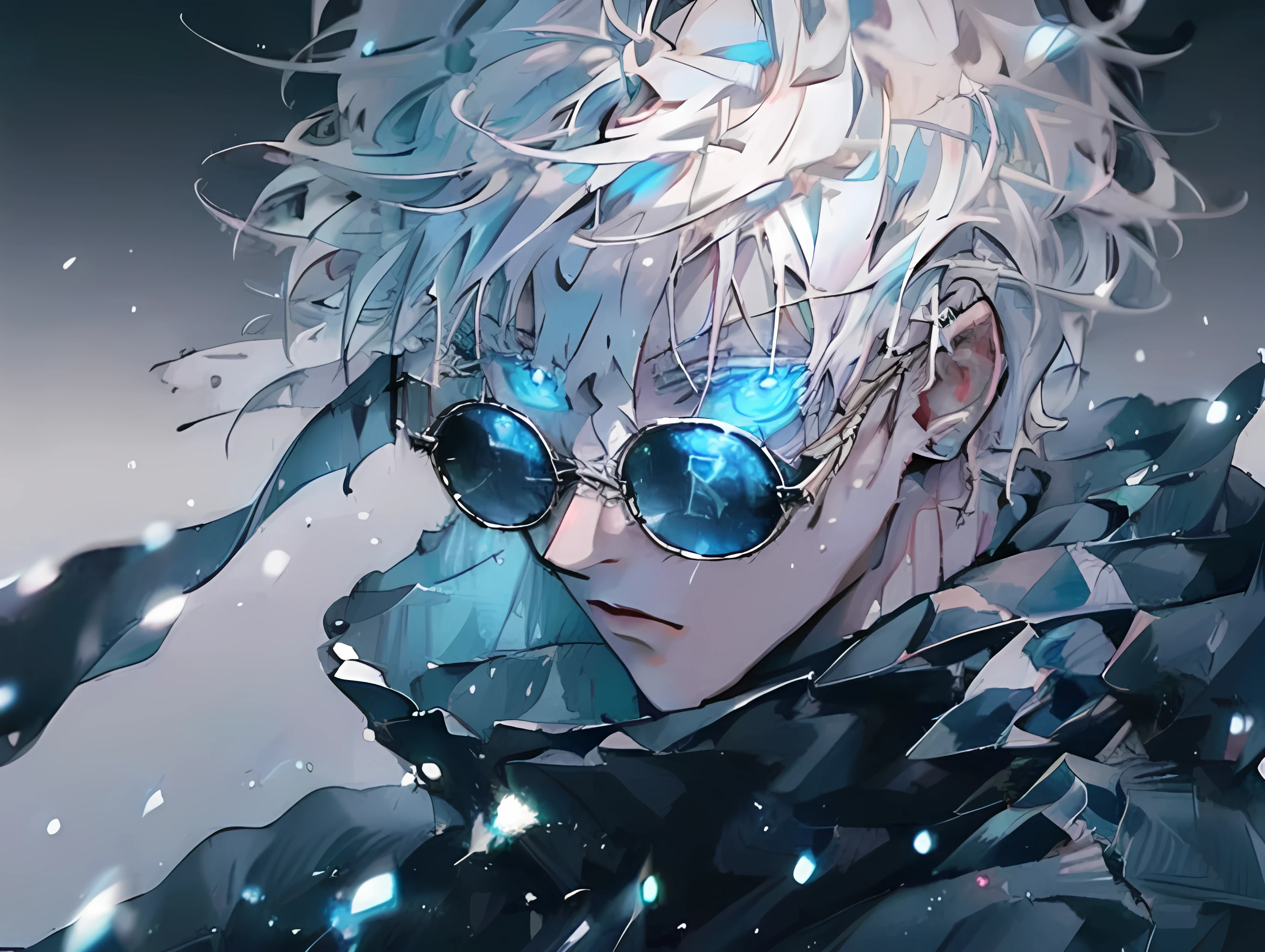 1 boy,rim light,looking_at_screen,masterpiece,best quality,solo,Gojo Satoru,highest detailed.sunglasses,Glowing eyes,white hair,