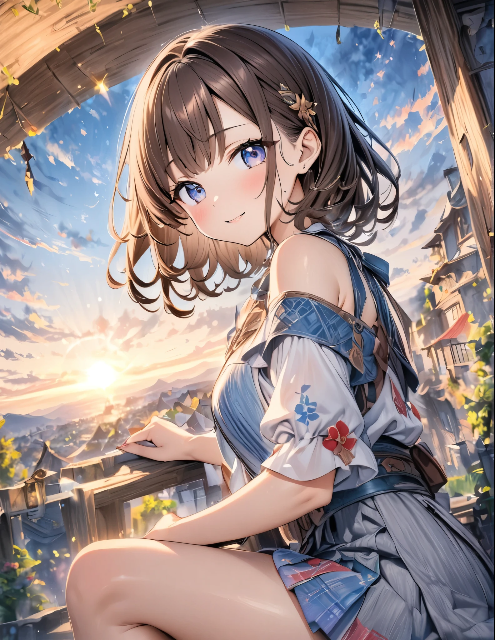 ((style:Colored pencil,pale colour))、(anime)、(masterpiece:1.2),atmospheric perspective,lens flare、National costume of fantasy world、girl、Sparkling、cute、Brown Hair
