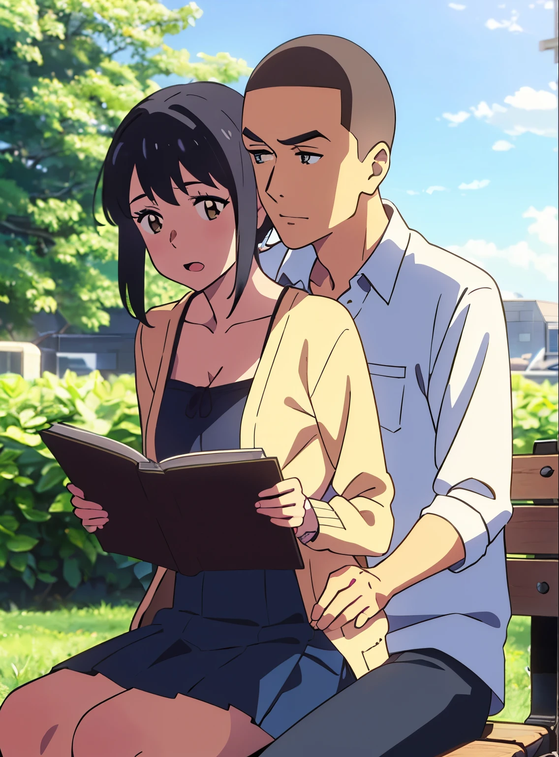 shinkai makoto, kimi no na wa., {1boy, buzzcut,} boy buzzcut passionate hug, buzzcut boy is hugging from behind, 1girl, black hair, brown eyes, open mouth, short hair, har band, hair ribbon, yellow cardigan, cleavage, white dress skirt, perfect anatomy, cowboyshot, sit on bench chair, reading a book, outdoors, school university, sky, school building