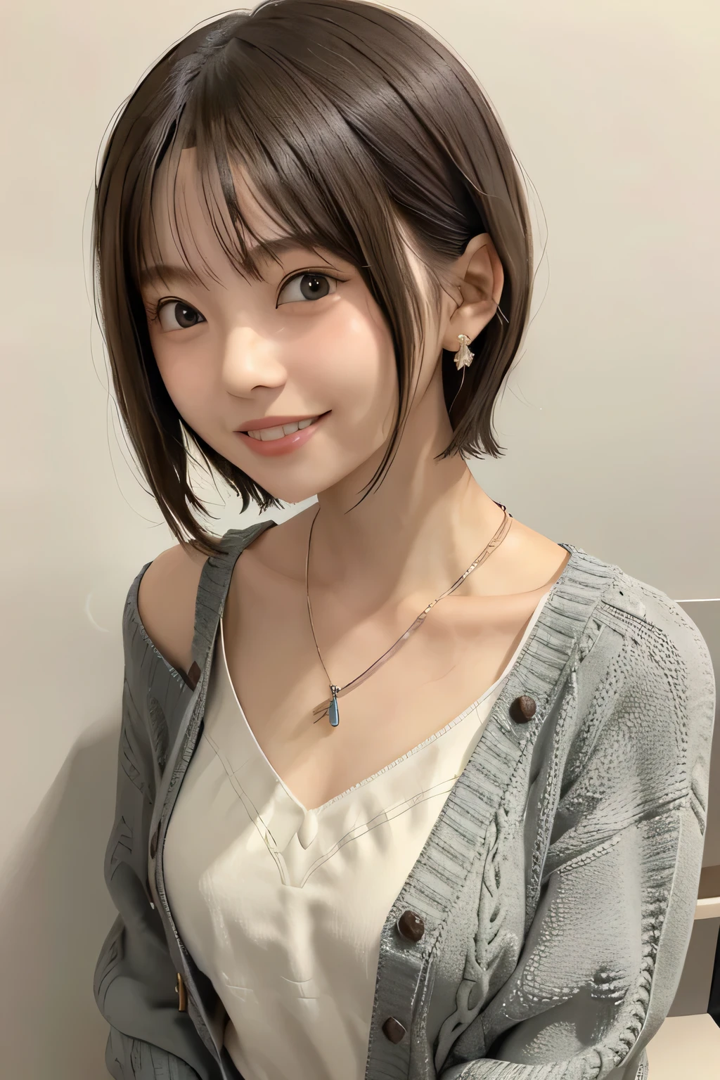 205 ((short hair)), 20-year-old female, Surrealism,cardigan、Shoulder Fashion、Smiling with teeth showing、 A refreshing smile、、Beautiful teeth alignment、Brown Hair、ear piercing、Necklace around the neck、Mask on mouth