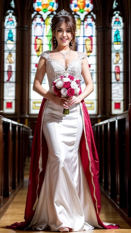  highest quality, Realistic, Very detailed, finely, High resolution, 8k wallpaper, Beautiful woman,, Brown hair short ponytail, (silk wedding dresses), Perfect dynamic composition, finelyて美しい目, Ample breasts, Realistic , smile,  Model Body Type、Earrings,garnet necklace,tiara,(Bouquet）,Beautiful feet,(Church with beautiful stained glass),Full Body Shot:1.3,Smile and laugh,