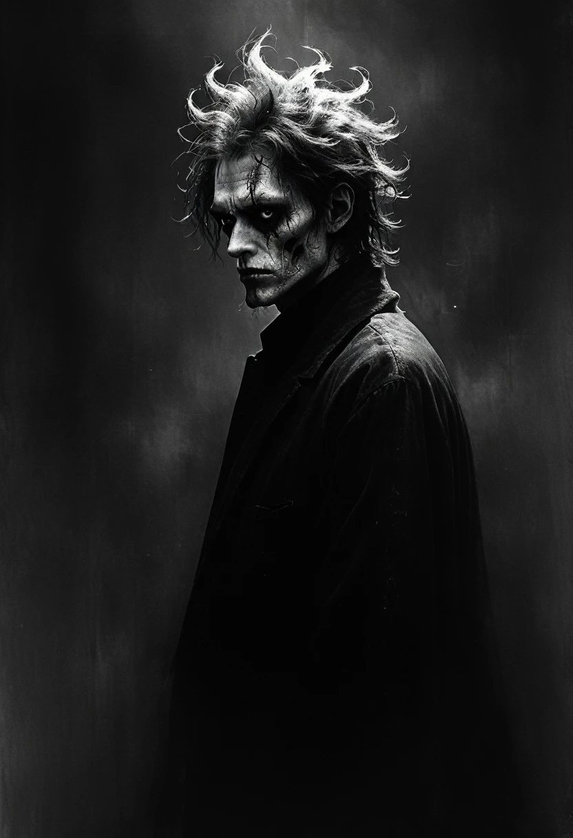 Ashley Wood style, dark scarlet, Chemiluminescence, demon in the dark with a crazy look, creepy, (minimalism: 1), ray tracing details...Stephen Gammell Style - Iaaya in the style of Stephen Gammell