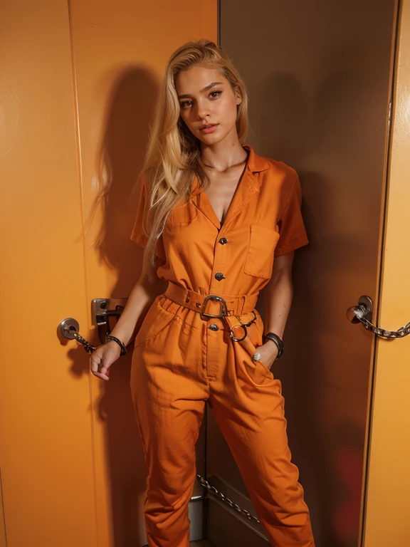 Shackles on both arms, shackles on wrists, orange synthetic prisoner jumpsuit, handcuffed, handcuffs, handcuffs linked to her belt, shackles linked to her belt, big tight black belt at waist, light blonde hair, short sleeves, perfect hands, unfree woman, pocket on left breast, 5 buttons on jumpsuit, heavy black belt at waist, very sexy jumpsuit, very sexy heavy tight black belt at waist, prisoner shackles on arms and wrists, hands linked to her belt with a chain, unable to move her hands because her hands are chained to her belt, hands in pockets, light blonde hair, skinny, anorexia, Hollywood model haircut, perfect face, chains around her wrists 