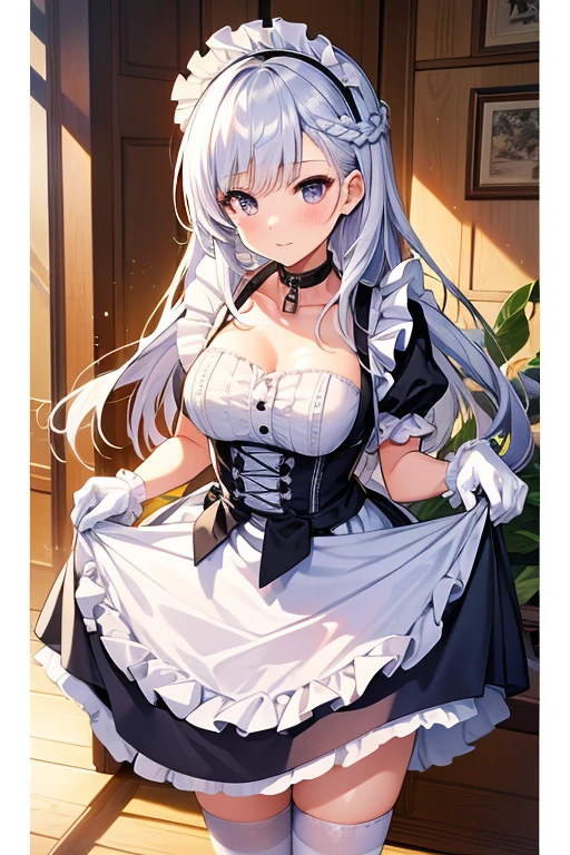 beautiful, masterpiece, Highest quality, anime, One girl, C Cup,Portrait Shot, View your viewers, Covered、Long Hair、nearby、Blue Eyes、art、White hair,black streaked hair, dark atmosphere、Thighs、Braid、Bunny Maid、Fishnet tights、Cafe、smile、garter belt