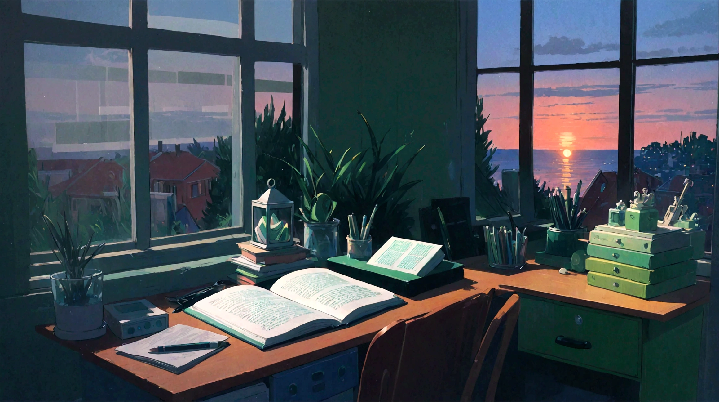 Studying at my desk while listening to lo-fi music,1 girl,I have headphones on,Out of the window, I can see the sea at dusk,Ghibli-style anime,Anime Style