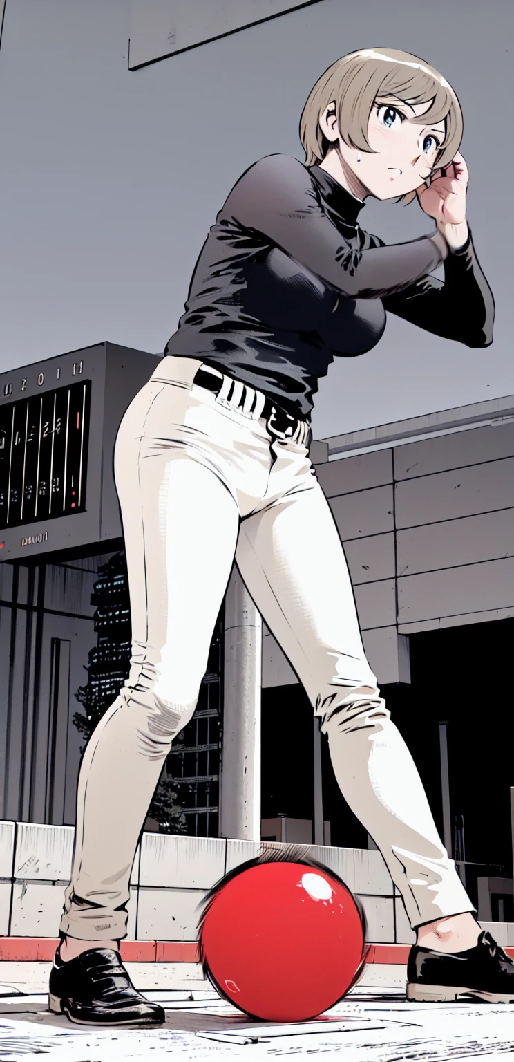 (野球uniform:1.2),
Blonde Hair, (short hair:1.2),Long sleeve, Black Shirt, turtleneck,White trousers、uniform、Black Belt、((Illustration of a person))
View Viewer,, (highest quality:1.3),One girl, White pants、uniform、Outdoor、baseball Ground、Ground、soil、blue eyes、Tight black shirt、(masterpiece、highest quality)、highest quality, Ultra-high resolution, (((masterpiece))), alone, Sweat、Big eyes、Big Boobs、One Girl, Front view、Embarrassed face、Bronze colored hair、((short hair))、Stand up straight