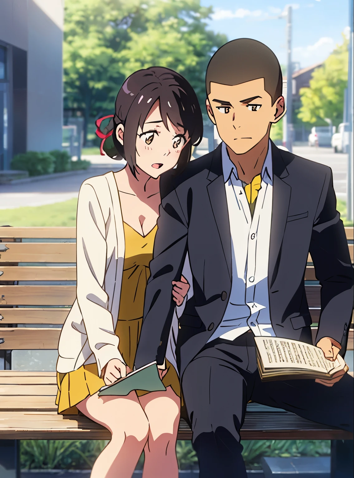 shinkai makoto, kimi no na wa., {1boy, buzzcut,} boy buzzcut passionate hug, buzzcut boy is hugging from behind, 1girl, black hair, brown eyes, open mouth, short hair, har band, hair ribbon, yellow cardigan, cleavage, white dress skirt, perfect anatomy, cowboyshot, sit on bench chair, reading a book, outdoors, school university, sky, school building