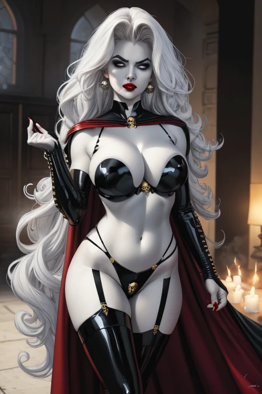 foreshortening, CARTOON_lady_death_bikini_ownwaifu,.ownwaifu.com, angry,
mascara, blank_eyes,long hair,breasts,white hair,makeup,colored skin,navel,lipstick,large breasts,wavy hair,white skin,lips,curly hair,red lips,very long hair,toned, narrow_waist, curvy,pale skin, thick_eyelashes, thick eyebrows, big hair,
thighhighs,cape,cleavage,jewelry,earrings,garter straps,garter belt,gloves,piercing,red cape,blood,elbow gloves,armor,black legwear,collar,thong,black bikini,skull earrings, highleg,
official art,extremely detailed CG unity 8k wallpaper, perfect lighting,Colorful, Bright_Front_face_Lighting,shiny skin, (masterpiece:1.0),(best_quality:1.0), ultra high res,4K,ultra-detailed, photography, 8K, HDR, highres, (absurdres:1.2), Kodak portra 400, film grain, blurry background, (bokeh:1.2), lens flare, (vibrant_color:1.2),professional photograph, (beautiful_face:1.5),