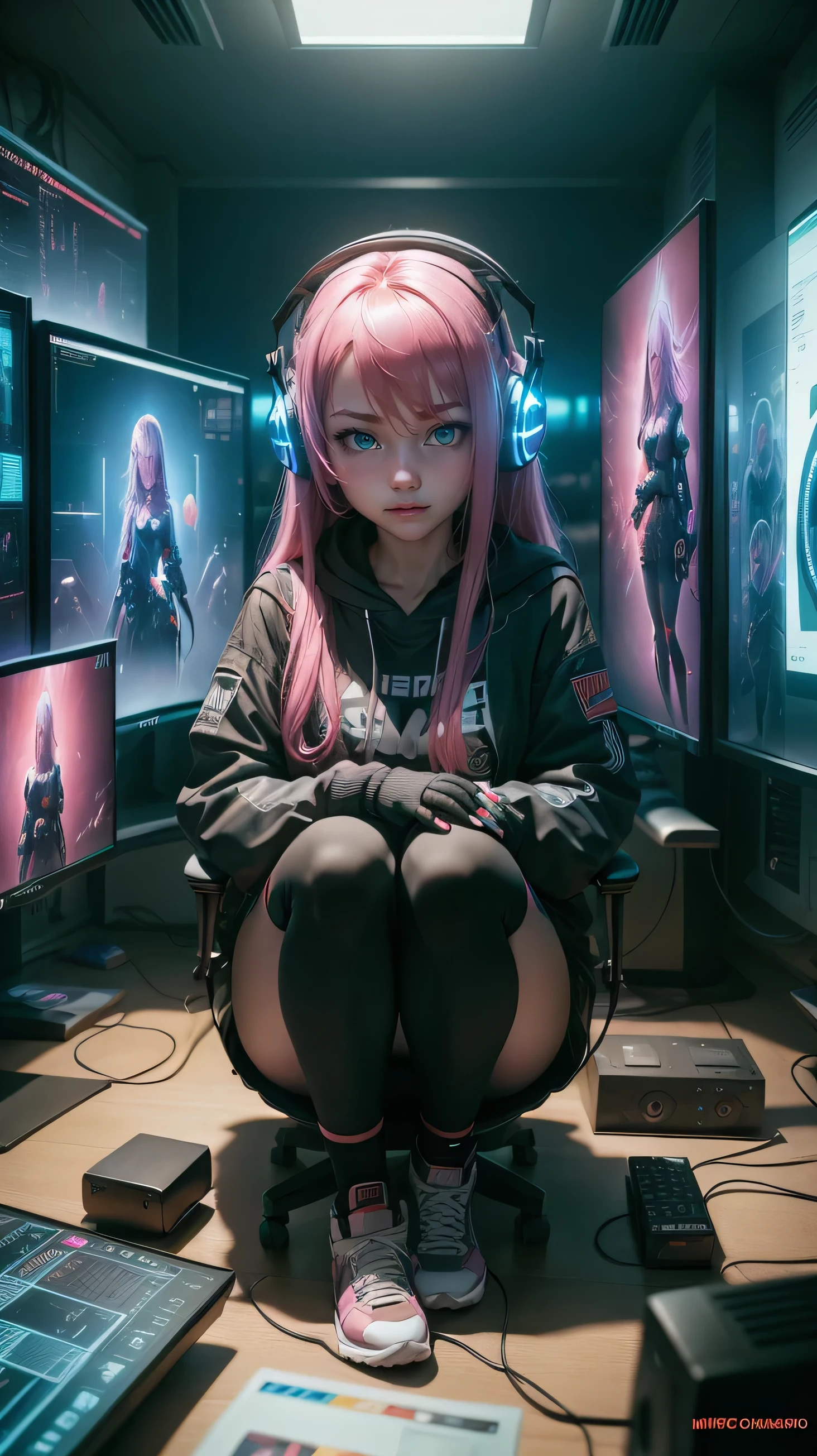 ((Masterpiece)), (((Best Quality)))), ((Illustration)), (Depth of Field: 1.2),Solo,Dynamic Angle,1 Girl,Hacker Beautiful  medium skin colored Girl, Indoors, Room, Dim Room, Sci-Fi, Neon, Neon Lights, Cyberpunk, Computer Room, Gaming Headphones, Computer Equipment, Ethical Hacker, Server Room Background, display lights, monitors, (LED monitors, surrounded by multiple display monitors: 1.5), gaming chair,  bright pink hair highlights, long hair, light cyber clothes, energy drinks, cables, messy room, front, Employ hyper-realistic photography techniques using an IMAX 65mm large-format studio camera to imbue cinematic depth and lifelike realism. Enhance the image with a staggering 1,000,000,000 gigapixel resolution