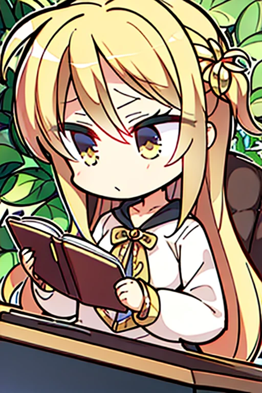 A golden-haired female angel with hazel eyes and an hourglass figure, wearing a conservative pirate's outfit is reading a map in a jungle
