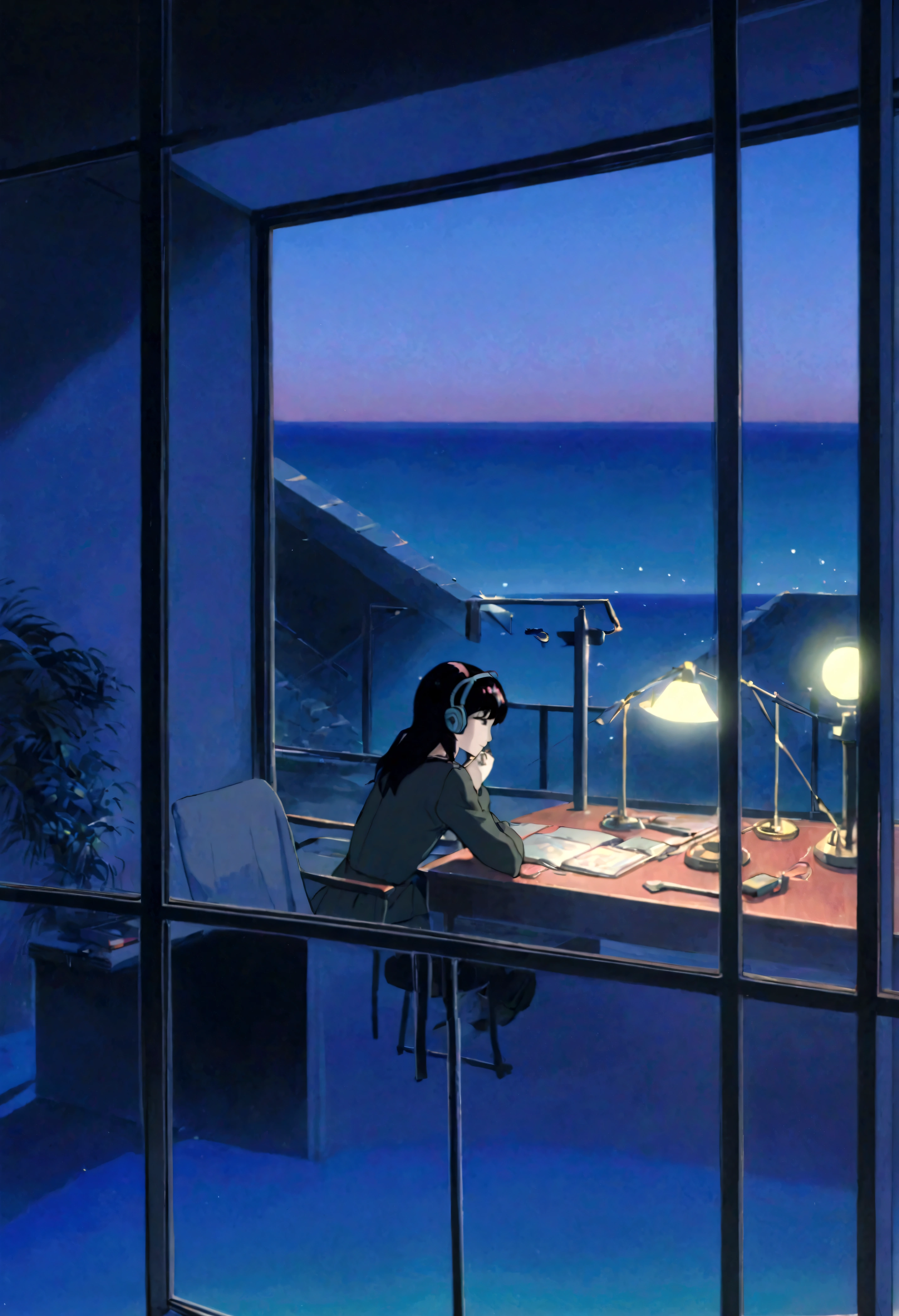 Studying at my desk while listening to lo-fi music,1 girl,I have headphones on,Out of the window, I can see the sea at dusk,Ghibli-style anime,Anime Style