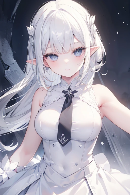 big boobs, white girl, goth girl, e-girl, best quality, blue eyes, elf ears, white hair, dark clothes,