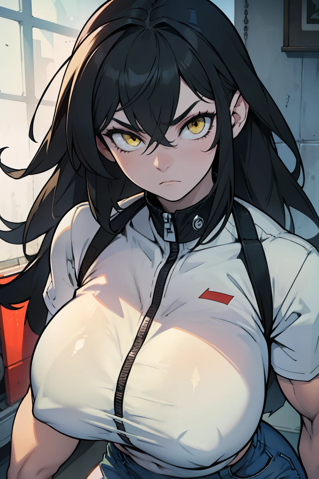 massive  huge thighs huge muscles muscular girl black hair yellow eyes pale skin expressionless sad casual clothes