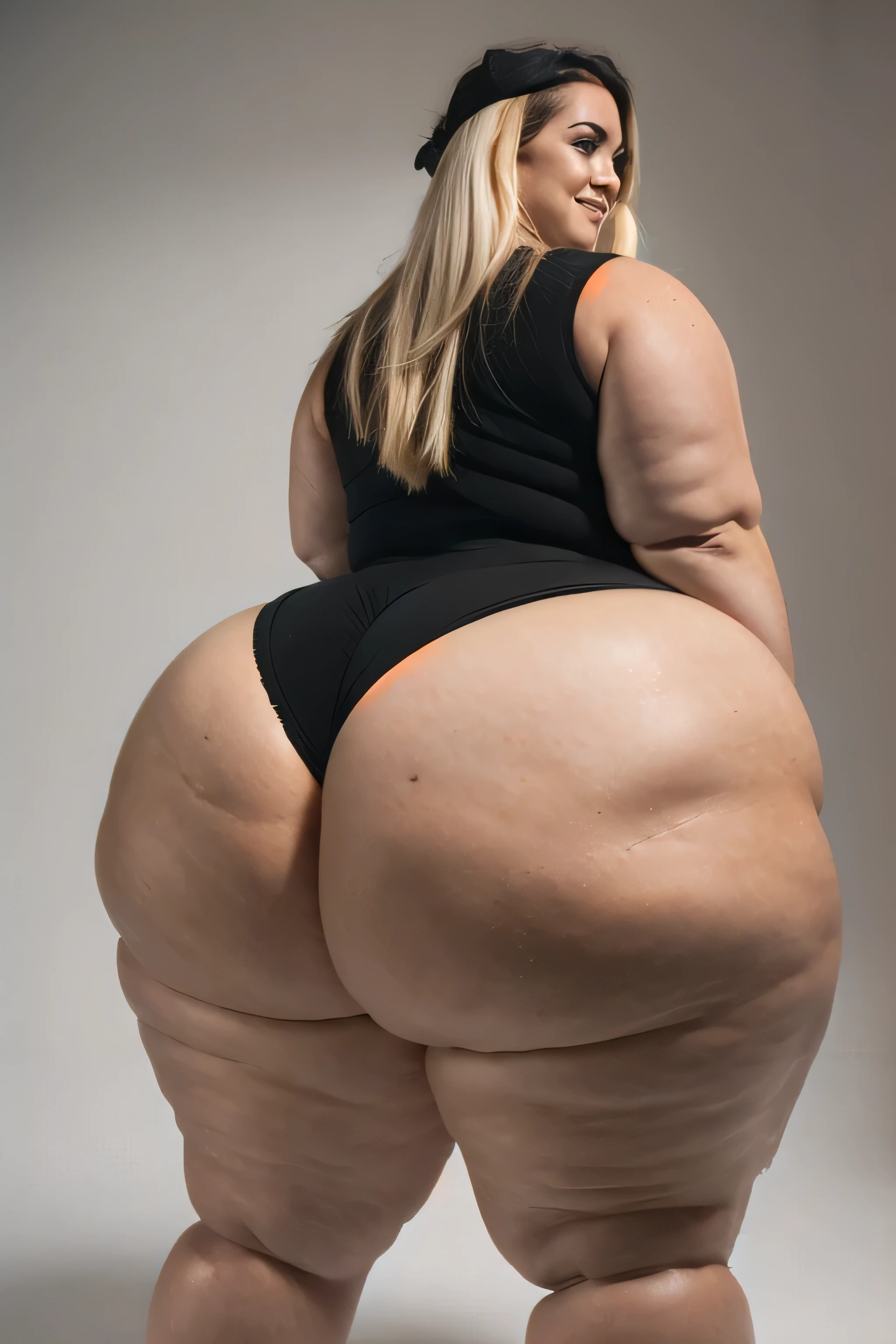 Ssbbw, morbidly obese, tan skin, blonde, freckles, thong, (huge ass), wide hips, (cellulite), skindentation, protruding fat, bubbling fat, from behind, ray tracing, black background, plain background, solid background