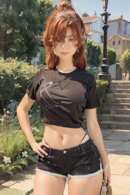 Young woman, red color hair, beautiful face, (fashion model portrait), (t shirt and shorts, gorgeous ), uhd, hair onion, ((european)) cute european face, large breasts, masterpiece, best quality in the world