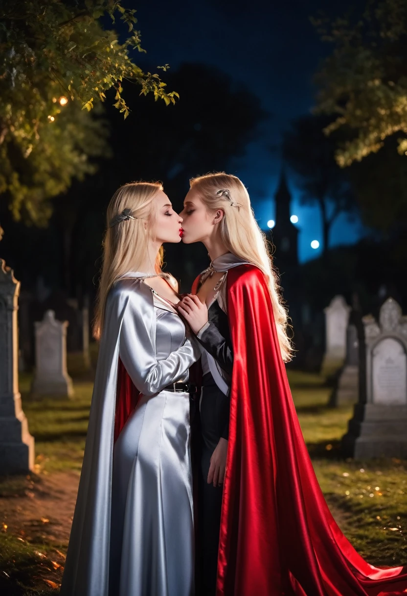 Vampyfangs1 , (RAW photo) , (detailed features:1.10) , 2girls, cute, 20 years old, long blonde hair , ((((silver and red lined  satin cape tied at the neck)))+++, side spilt skirt , kissing and embracing , nighttime, standing in a moonlit graveyard , photo, realistic, best quality, hires, detailed face, detailed background, diffused lighting, depth of field, bokeh