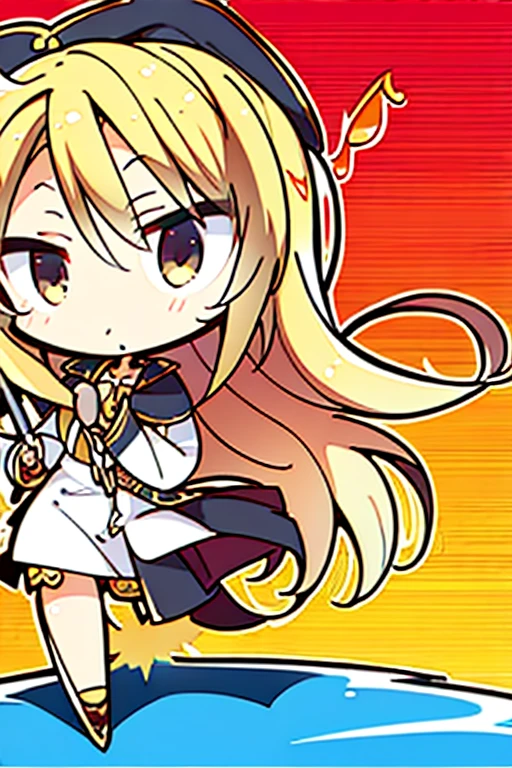 A golden-haired female angel with hazel eyes and an hourglass figure, wearing a conservative pirate's outfit is carrying a shovel on a tropical island