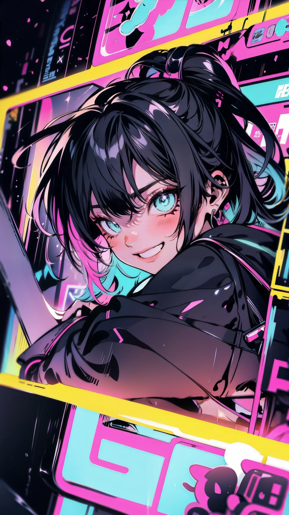 anime style, cool and edgy, ((An illustration of a smiling teenager holding a liquid metal font sign)), ((surrounded by floating wireframes and neon holograms)), with a background of distorted technology, ((black and neon colors creating a surreal atmosphere)), high contrast lighting, fashionable, accessory, abasterpiece)), ((best quality)), dynamic angle, detailed light,apathy, ray，frontage，style of anime4 k， 4k anime wallpaper