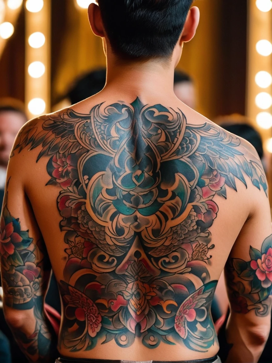 View from behind，Turn your back to the audience，Close-up of back tattoos，A man&#39;s back，This is a detailed picture of a rather unique and interesting back tattoo design.，It embodies financial concepts related to Bitcoin，The tattoo features a finely crafted Bitcoin logo at its core，Surrounded by symbols that depict the essence，These symbols may include wings，Broken Chain or Soaring Bird，The tattoo is engraved on the clean and healthy back skin surface