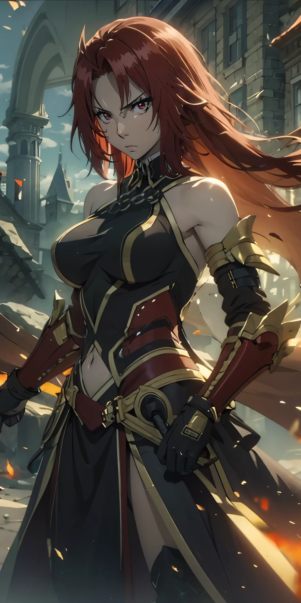 long hair, red hair, braid, red eyes, muscular female, curvy, anatomical correct, 1girl, solo, breasts, looking at viewer, gloves, bare shoulders, black gloves, sword, armor, chain, gauntlets, sword, armored dress, hollow eyes, red eyes,  lips, cheek, expressionless, glaring eyes, upper teeth, glowing eyes,