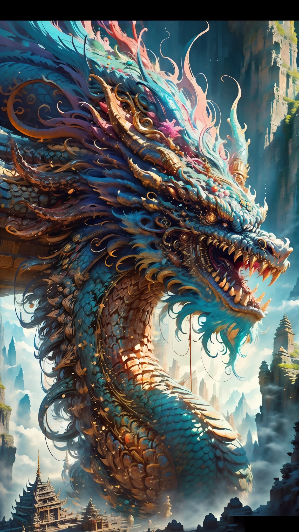 a huge ancient temple nestled in the mountains, a massive dragon soaring above the temple, cinematic composition, concept art, vibrant colors and gradient lighting, 8k, 3D animation style, detailed architecture, dramatic lighting, fantasy environment, intricate details, epic scale, volumetric fog, ray-traced reflections, hyper-realistic textures, photorealistic, masterpiece