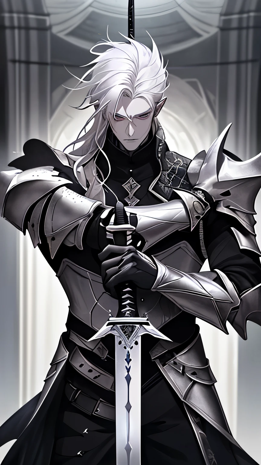 white hair, long hair, messy hair, pointy ears, cinematic lighting, cowboy shot, high details, best quality, super detail, highres, masterpiece, Albino man, knight, black armor, shiny black sword, giant sword, Pale skin, fantasy world dweller, sub-human, demigod, 28-year-old male, Beautiful, handsome, smart
