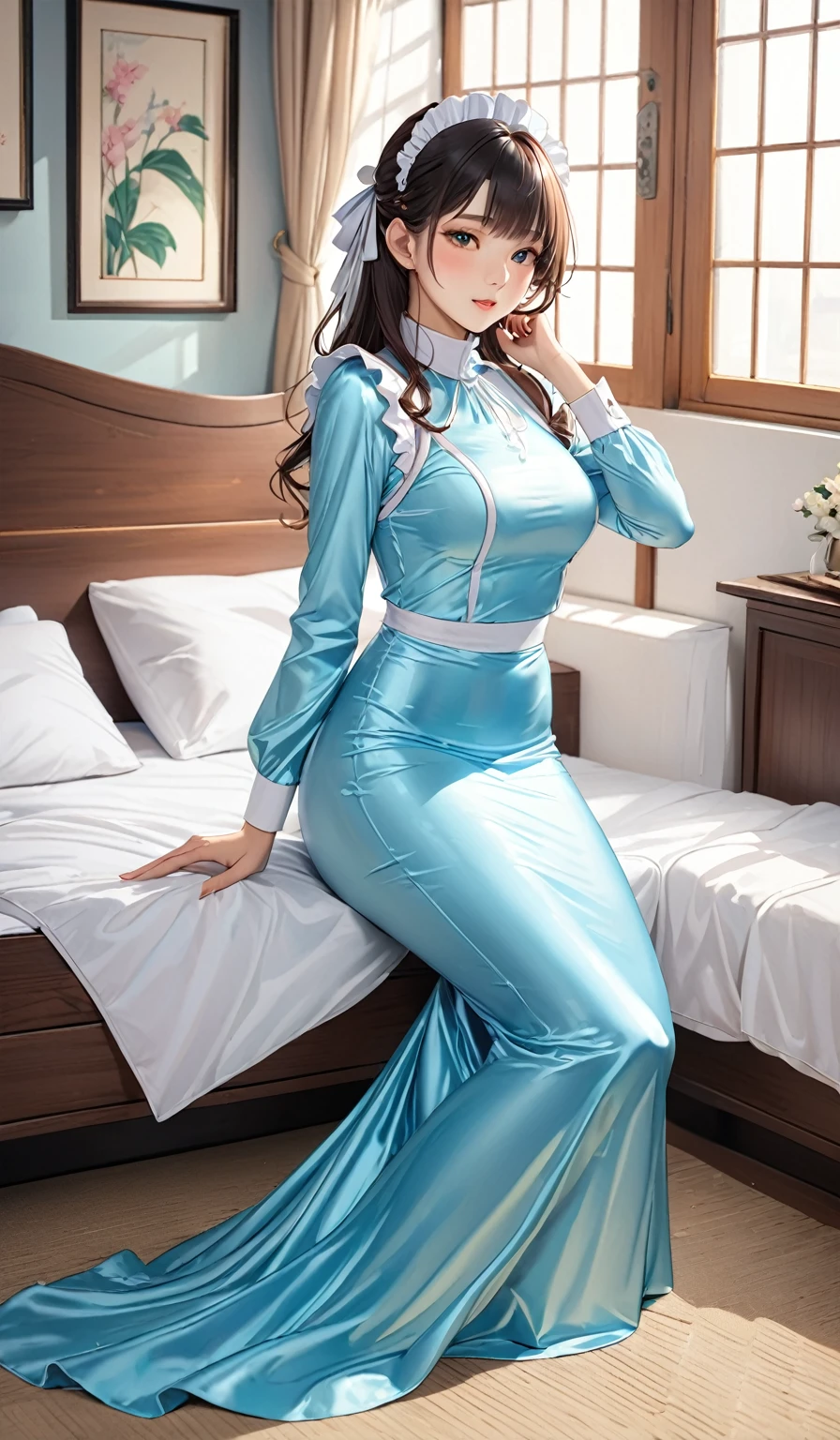 (masterpiece,highest quality,超A high resolution),Japanese women, (((Very beautiful 25 year old girl))), pretty girl、The maid dress completely covers the entire body..、(Shiny light blue long sleeve maid dress)、High neck shirt、Mermaid-style long skirt、Satin