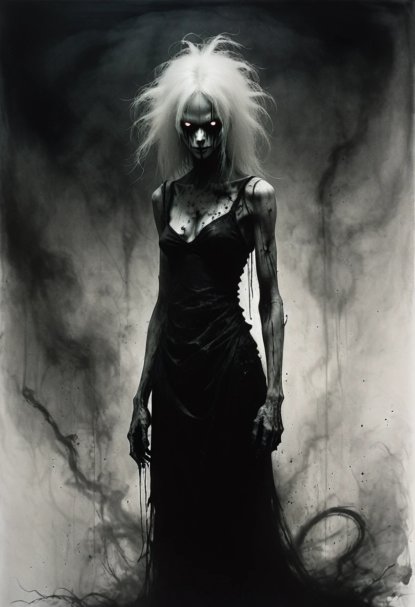 Ashley Wood style, dark scarlet, Chemiluminescence, demon in the dark with a crazy look, creepy, (minimalism: 1), ray tracing details...Stephen Gammell Style - Iaaya in the style of Stephen Gammell
