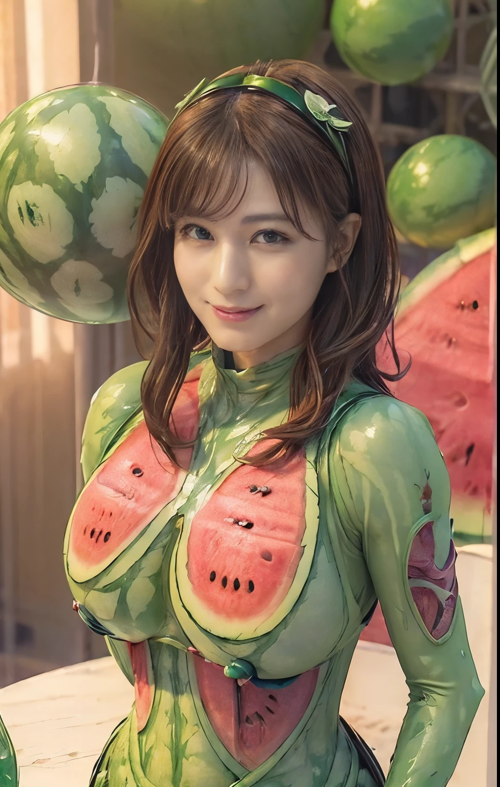 (high resolution,masterpiece,best quality,extremely detailed CG, anime, official art:1.4), realistic, full body, photo, amazing fine details, all intricate, gloss and shiny,awesome many layers, 8k wall paper, 3d, sketch, kawaii, illustration,( solo:1.4), perfect female proportion,villainess, (fusion of watermelon and lady:1.4), (two round shape green watermelon balls on breasts costume:1.6), (watermelon lady:1.2), (fusion:1.2), (solo:1.4), (evil smile:1.2), muscular, abs, (watermelon exoskeleton bio insect suit:1.4), (watermelon exoskeleton bio insect armor:1.2), (two green watermelons  cover up breasts:1.4), (watermelon headgear:1.1),