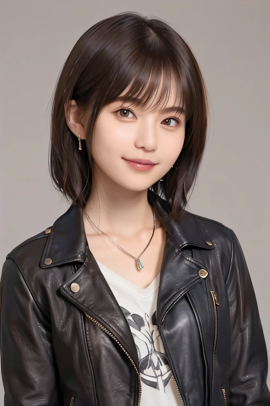 205 ((short hair)), 20-year-old female, Surrealism, Flower smile、Beautiful teeth alignment、Brown Hair、Ear piercing、Necklace around the neck、leather jacket、shirt