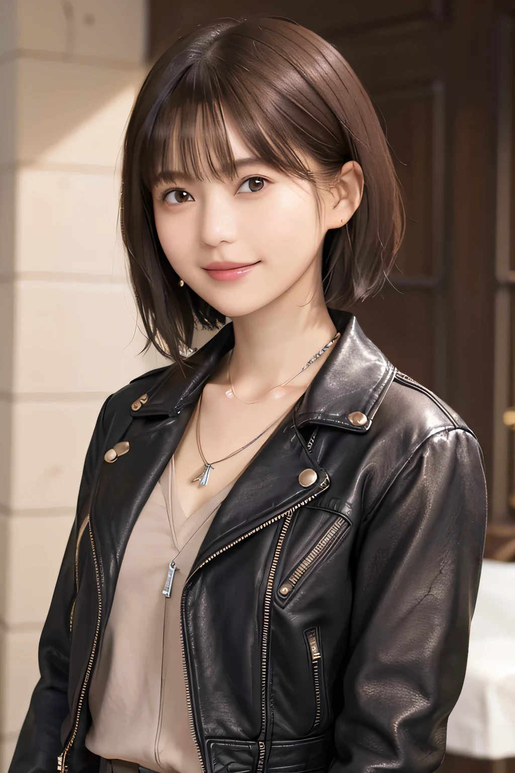 205  ((short hair)), 20-year-old female, Surrealism, Flower smile、Beautiful teeth alignment、Brown Hair、Ear piercing、Necklace around the neck、leather jacket、shirt