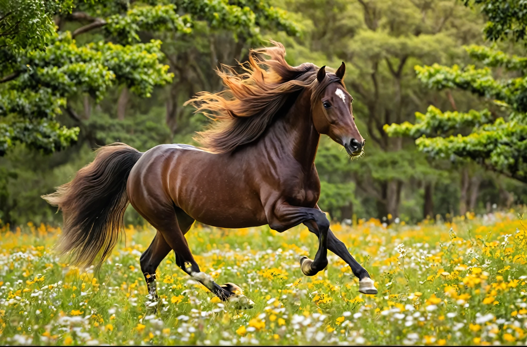 araffe running in a field of flowers with trees in the background, beautiful horse, flowing mane, galloping through the forest, flowing mane and tail, horse is running, galloping, majestic horses, beautiful serene horse, equine photography, equine photo, horse, horse in background, staggering in its beauty, 👰 🏇 ❌ 🍃, long mane, windy mane