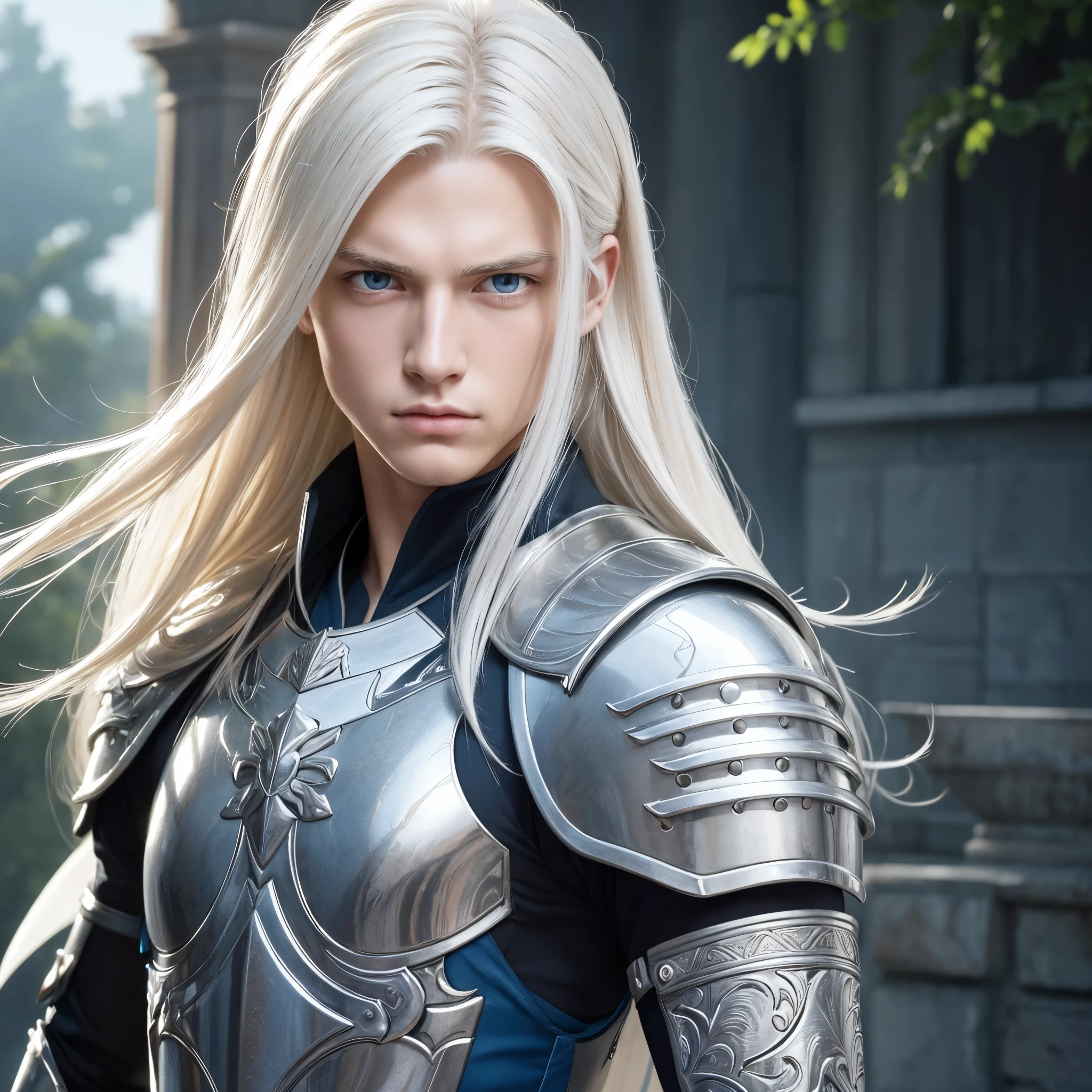 Tall、Handsome and、masculine and、Athletic、Platinum blonde young man, Sunburned skin, Long, straight platinum hair, blue eyes, Beautiful body relief. He has a beautiful big sword. masterpiece, Detailed study of the face, Beautiful Face, Beautiful Face立ち, Perfect Image, Realistic photos, Detailed study of the face, Full body image, 8k, Detailed Images. Highly detailed illustration, 最高品質の真のmasterpiece, Carefully drawn.
