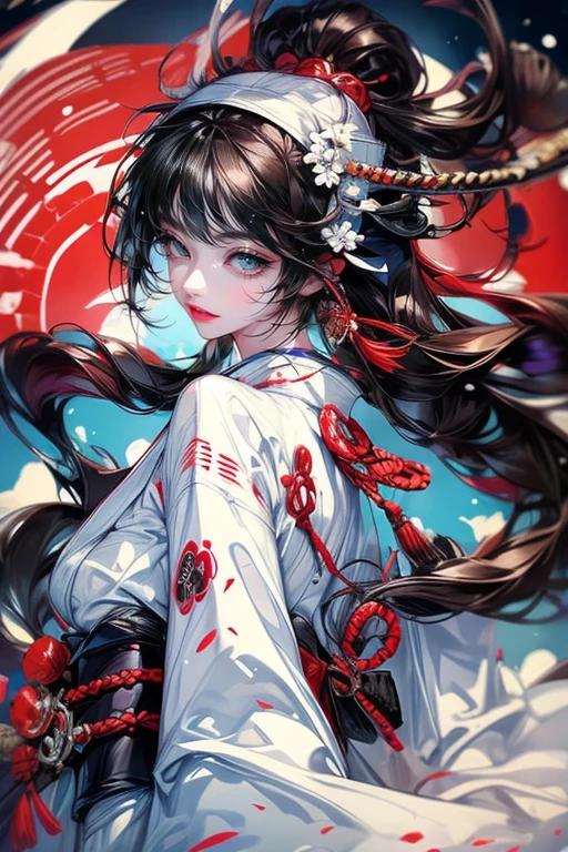 1lady,solo,cool,white yukata,she has a red Japanese sword, Japanese style,black hair and long hair