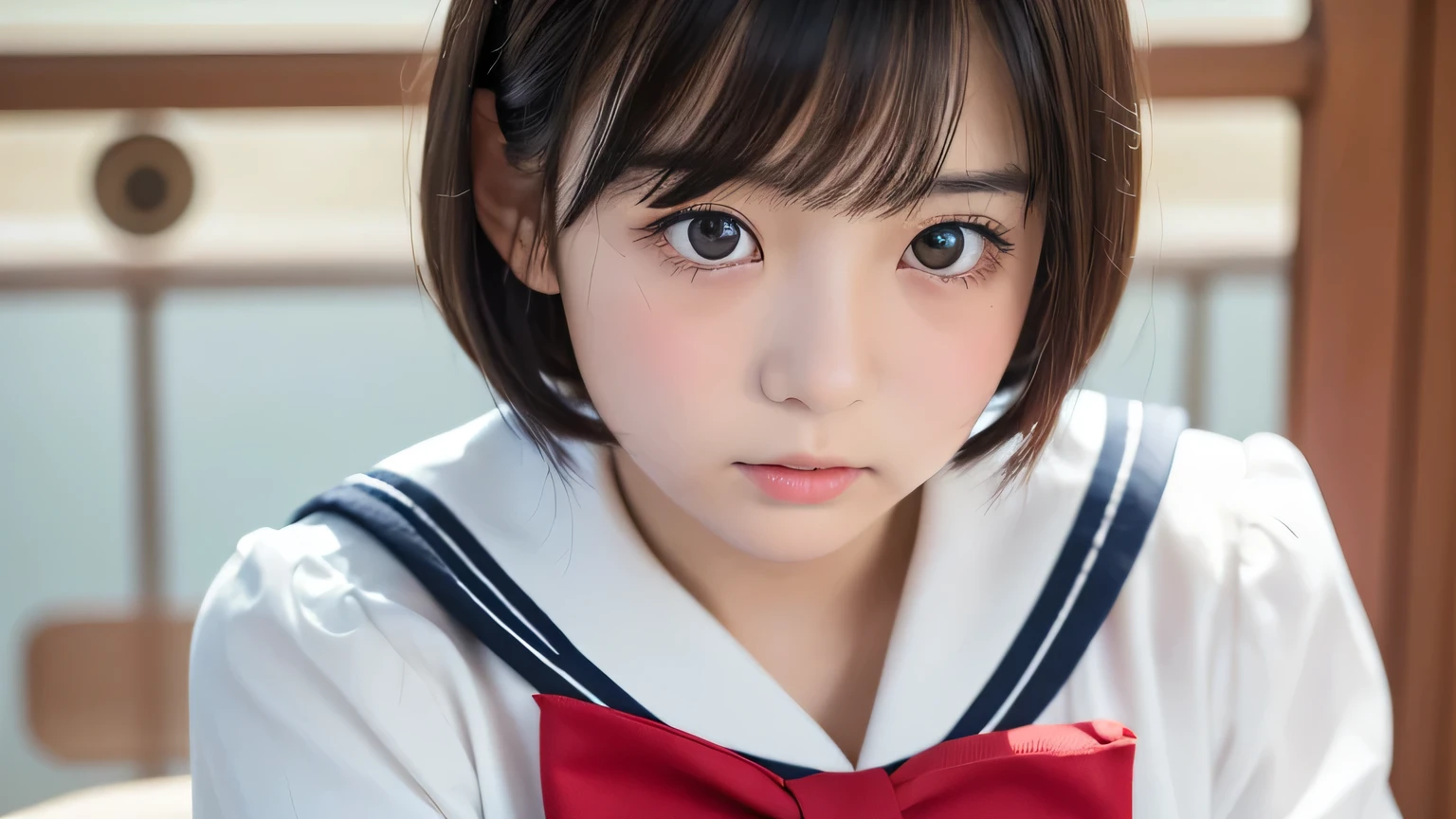 (1 Girl)、(Beautiful Japanese、18years old,round face、Refreshing、clear、seems kind、stylish、Pitiful、cute like an angel、cute、black eyes、,actress,Almond-shaped eyes,Translucent white skin、Beautiful skin), Good style , (((Beautiful big breasts:1.2))),(((soft breasts))),(very cute),(Black hair),(short bob hair),(enchanting eyes),(highlight on eyes:1.2)、(8K、Live shooting、highest quality、masterpiece:1.2、optimal lighting)、((masterpiece)),(Photo taken by a professional photographer),(real、photo real:1.4),break,{ (Cute Japanese high school sailor uniform),((Cute Sailor Suit:1.2))},(cheeks are red:1.4), break, break,Face shot:1.3、 face close-up、(Cleavage:0.7)、,From below,(high school),(tear:1.4),Shy face、Japanese school、classroom、(((Hand on cheek))),(((Very embarrassed)))