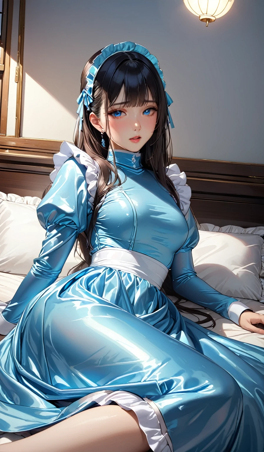 (masterpiece,highest quality,超A high resolution),Japanese women, (((Very beautiful 25 year old girl))), pretty girl、The maid dress completely covers the entire body..、(Shiny light blue long sleeve maid dress)、High neck shirt、Long skirt、Satin