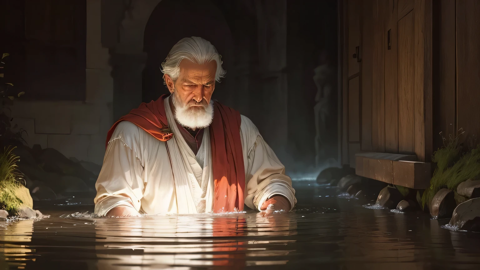 a man in old brown clothes baptizing by immersion in a river a man in old white clothes with a red mantle, detailed portrait, realistic, photorealistic, 8k, highly detailed, masterpiece, classical religious painting, dramatic lighting, chiaroscuro, muted color palette, somber mood