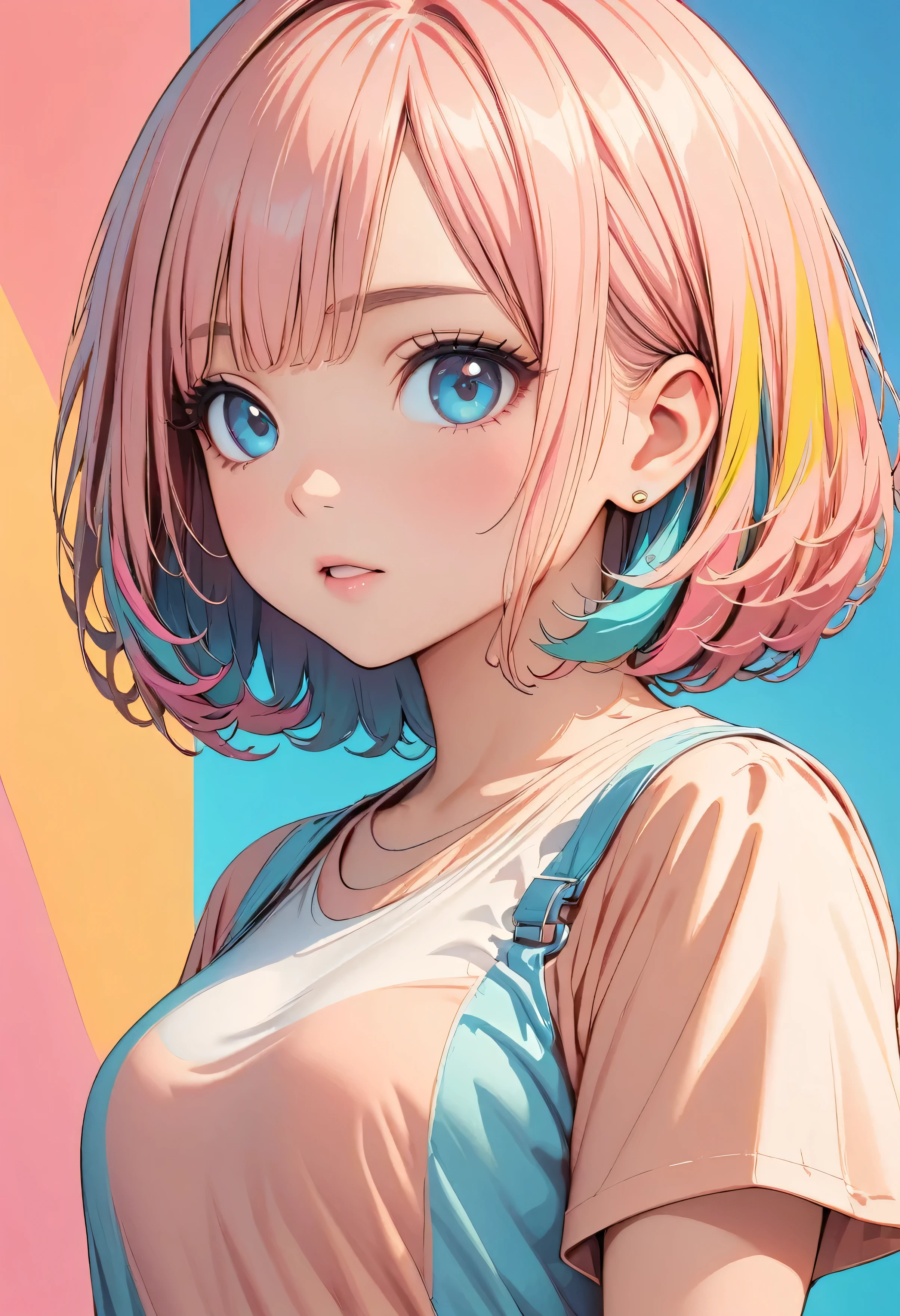 (highest quality:1.2, City Pop Style, Very detailed, up to date, Vibrant, High Contrast, masterpiece:1.2, highest quality, Best aesthetics), girl, ((Face Up Shot:1.4)), Colorful Hair, Bobcut, pastel colour, 1980s style, ((Retro, Vintage, Solid color background))