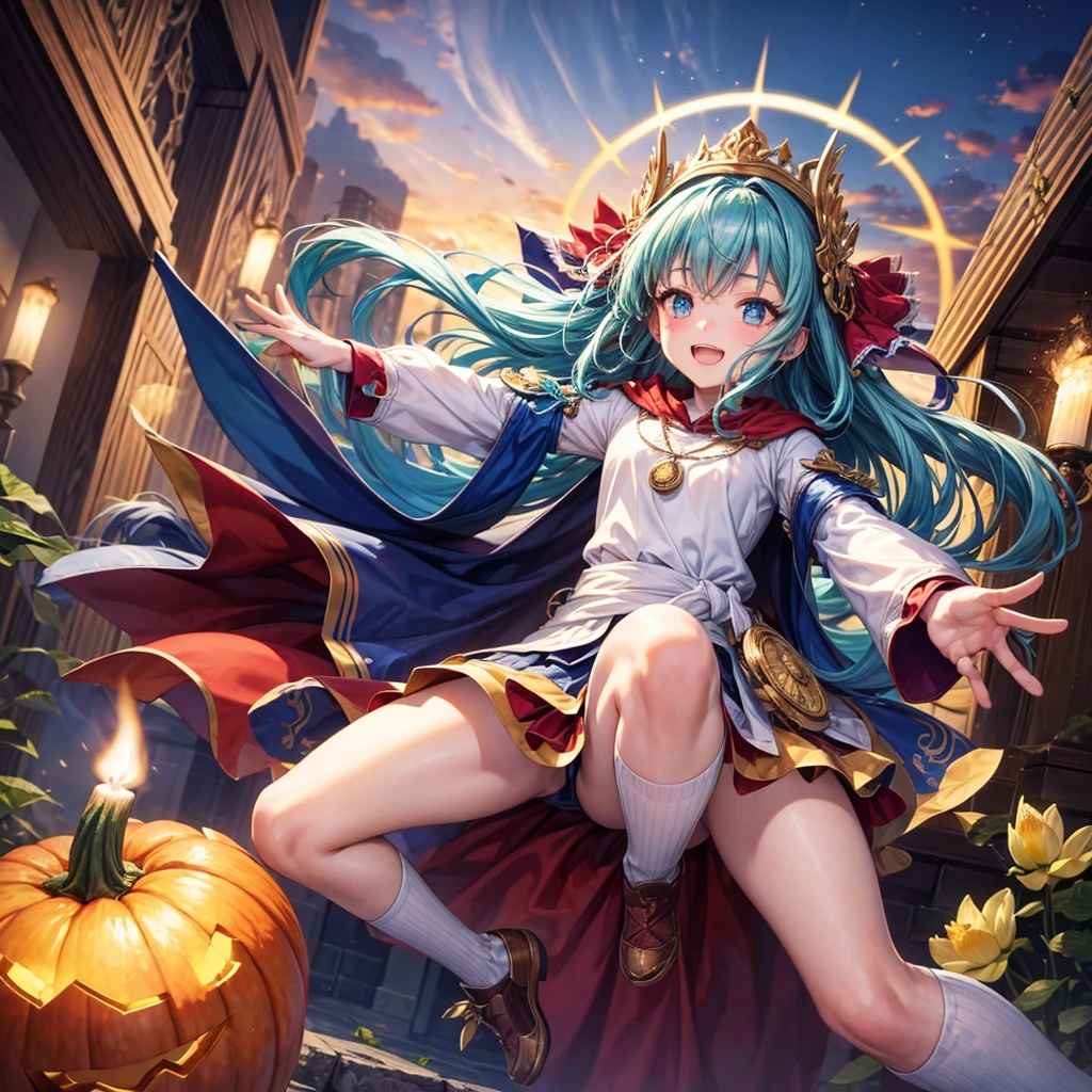 Aqua blue hair、Golden Eyes、Braid、One good looking girl、solo、anime、Checkered mini skirt、Ruffles on the skirt、Red T-shirt、Cape、Gothic、Black knee-high socks、bandana、Fluffy clothes、Wearing a ribbon、Ribbon on waist、Tilting face、Teeth are visible、Sunset sky、Piercing the clouds、Contrail、lotus leaves、Cumulonimbus、Pillar of Light、candle fire、Silver coin necklace、A world of light、Spreading his arms for balance、Pumpkin hat、shine、From above