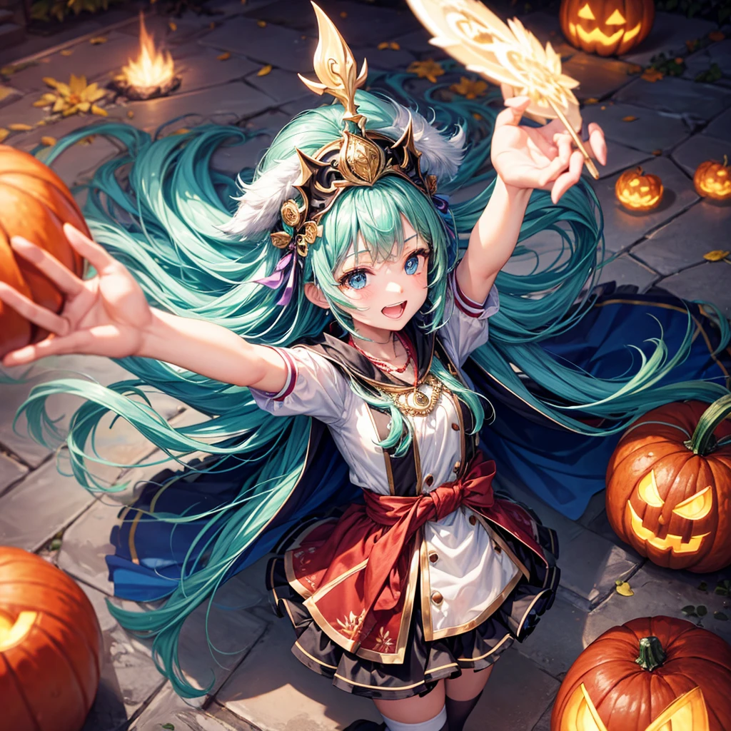 Aqua blue hair、Golden Eyes、Braid、One good looking girl、solo、anime、Checkered mini skirt、Ruffles on the skirt、Red T-shirt、Cape、Gothic、Black knee-high socks、bandana、Fluffy clothes、Wearing a ribbon、Ribbon on waist、Tilting face、Teeth are visible、Sunset sky、Piercing the clouds、Contrail、lotus leaves、Cumulonimbus、Pillar of Light、candle fire、Silver coin necklace、A world of light、Spreading his arms for balance、Pumpkin hat、shine、From above